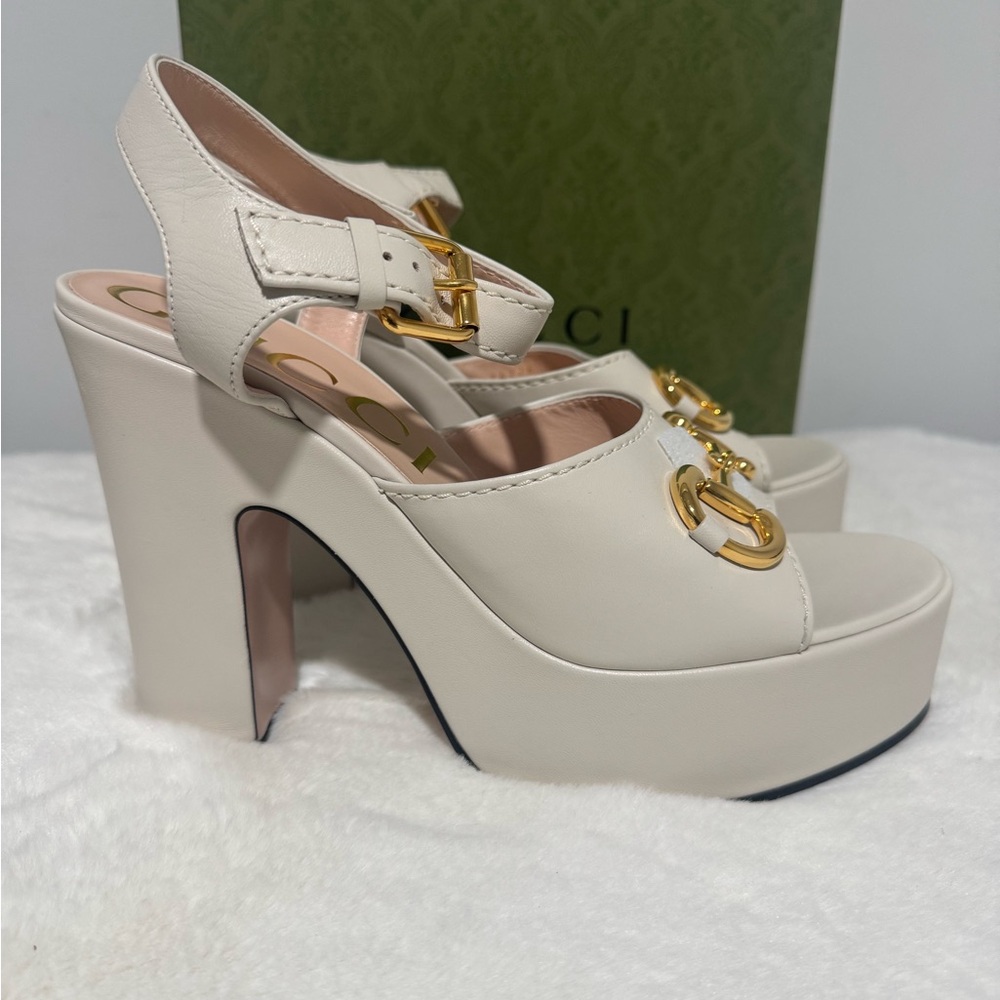 Gucci Cream Platform Sandals with Gold Accents